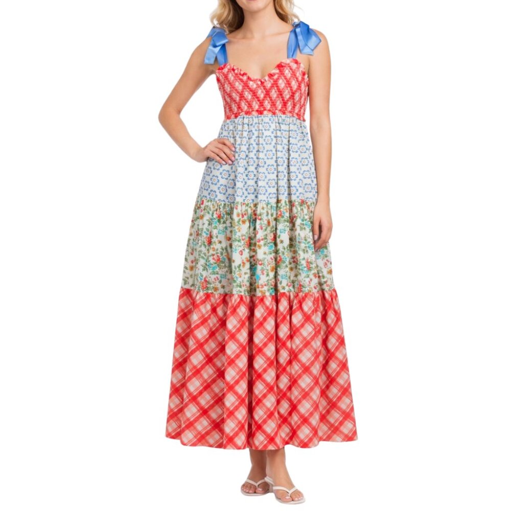 Free People Bluebell Maxi Dress Red Long Smocked Summer Sundress Patchwork Boho